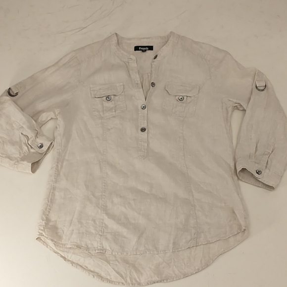 Natural 100% Linen Safari Style Shirt Saks Fifth Ave Neutral 43" Chest SeeMeasur - Picture 9 of 11